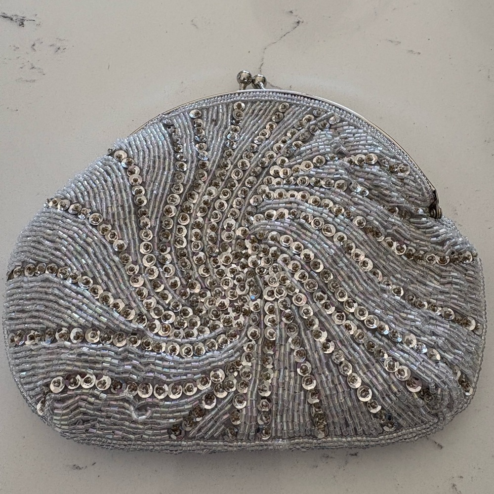 Silver beaded Clutch Bag with detachable crossbody chain